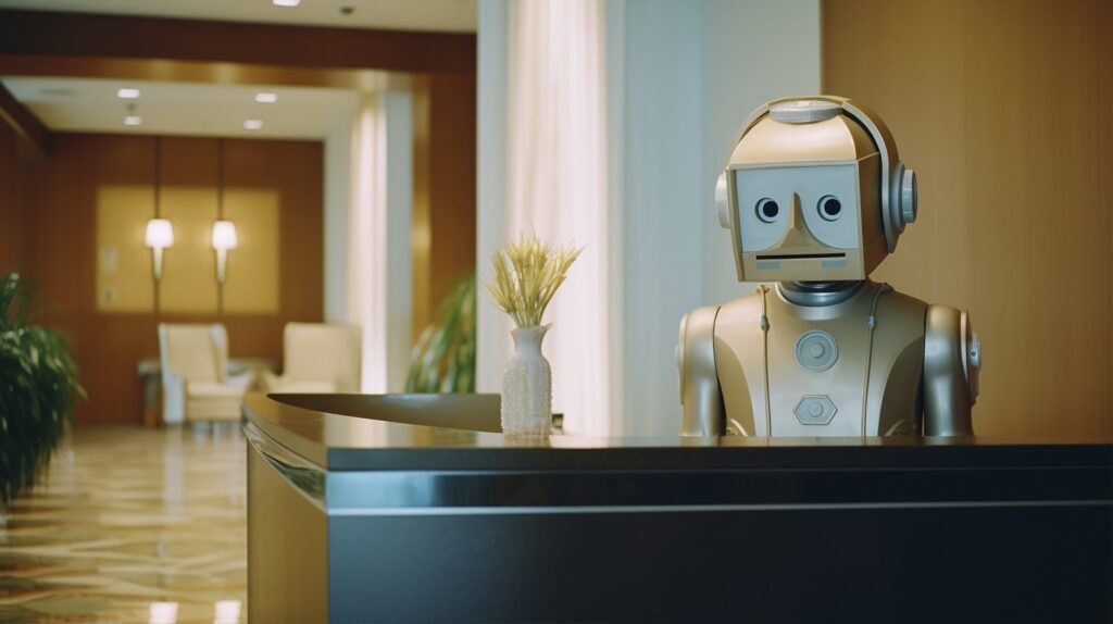 Como Ganhar Dinheiro Criando Chatbots de Atendimento para Empresas 2 Robô de atendimento dourado em um balcão de recepção, representando chatbots de atendimento em empresas