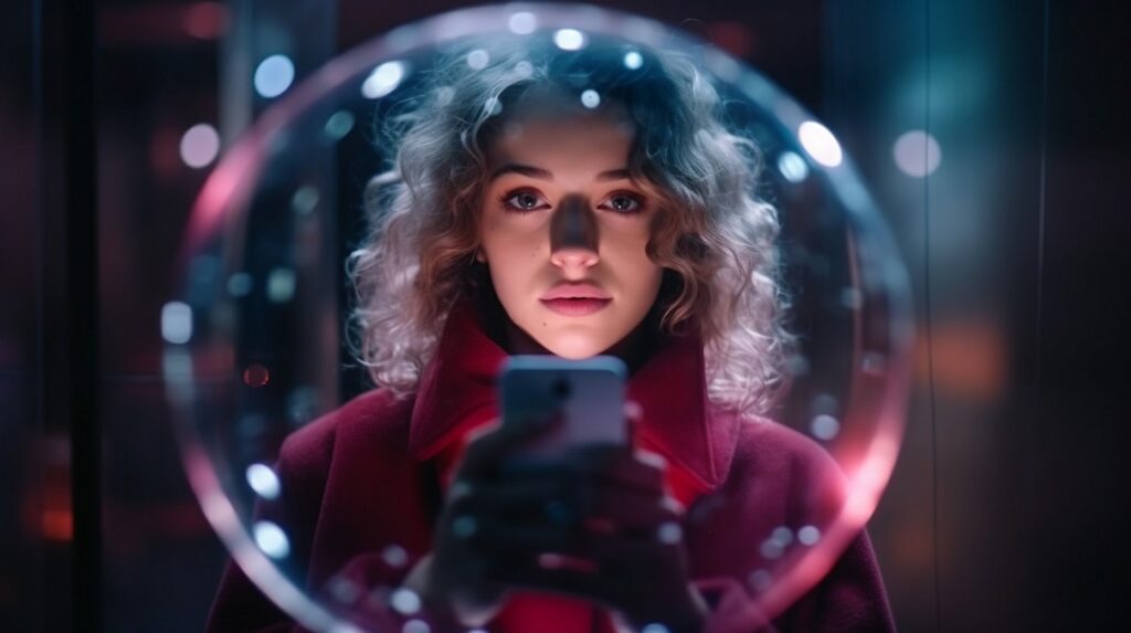 Como criar Influencer Digital feita por IA e Lucrar muito com isso 2 Influencer Digital feita por IA observando o smartphone em um ambiente futurista.