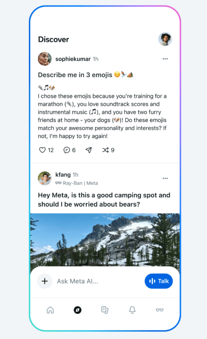 Mockup do Feed Descoberta no Meta AI app mostrando um post compartilhado.