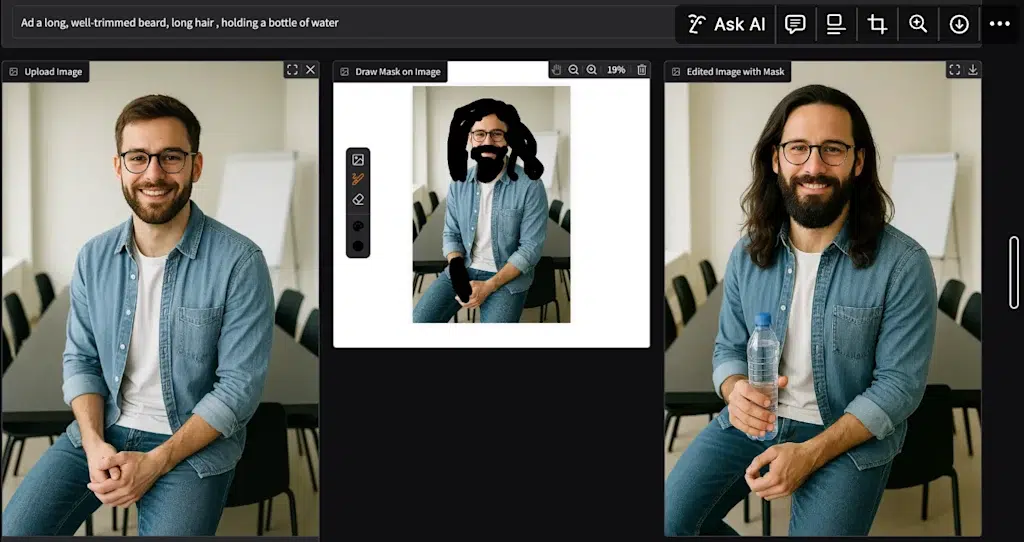 API gpt-image-1 OpenAI: Geração de Imagens IA Avançada para Desenvolvedores em 2025 4 Exemplo de edição de imagem usando a API gpt-image-1 da OpenAI, mostrando alteração de cabelo, barba e adição de objeto.