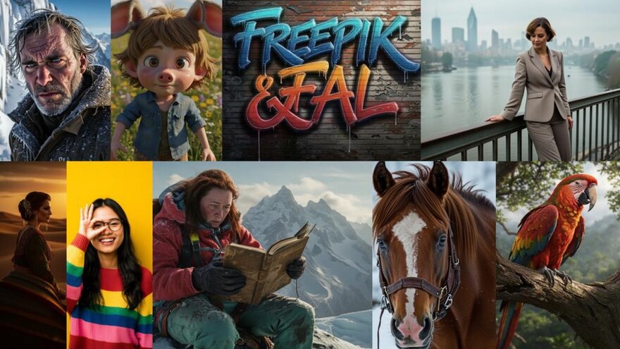 Mosaico de imagens diversas geradas pelo modelo F Lite, mostrando estilos variados como fotografia, ilustração e vetor.