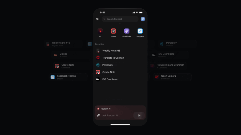 Raycast for iOS Lançado: A Produtividade Essencial da Raycast Agora no Seu iPhone (2025) 1 Tela inicial do Raycast for iOS mostrando acesso rápido a IA, Favoritos e funcionalidades principais