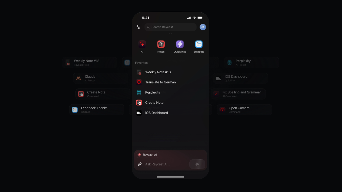Tela inicial do Raycast for iOS mostrando acesso rápido a IA, Favoritos e funcionalidades principais