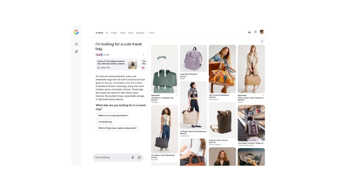 Google lança compras com IA no Google I/O: painel visual, preços e provador virtual 5 Painel de busca visual por IA no Google, mostrando mochilas personalizadas conforme filtros avançados