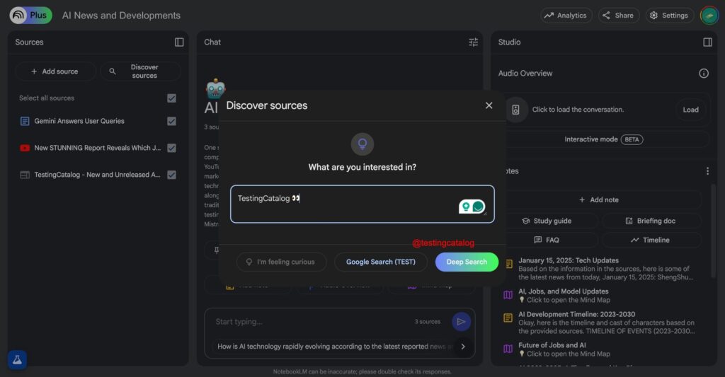 Interface do NotebookLM exibindo possíveis novos recursos como Deep Search e opções de idioma.