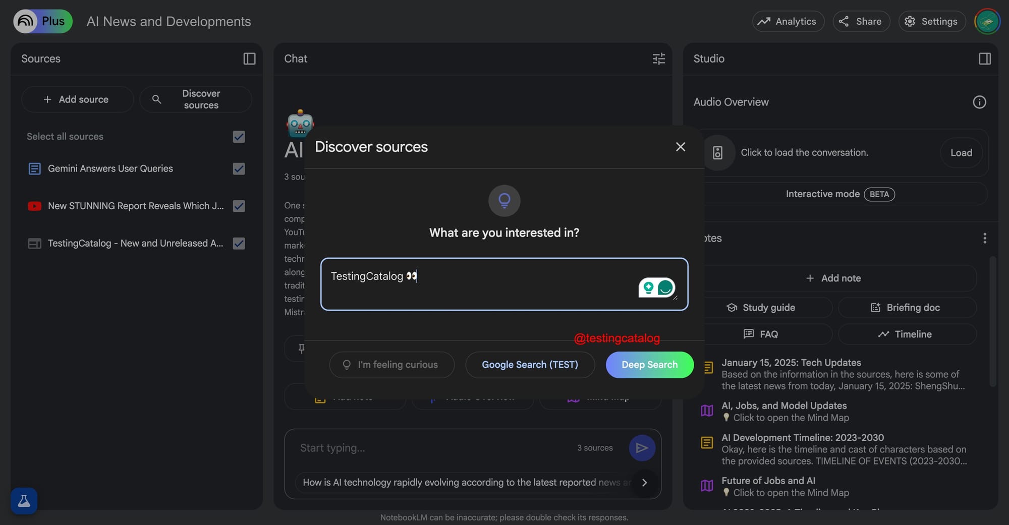 Interface do NotebookLM exibindo possíveis novos recursos como Deep Search e opções de idioma.