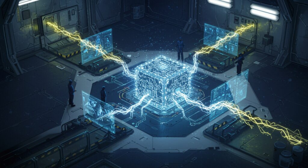 Um núcleo de IA futurista, representado como uma rede complexa de vias neurais brilhantes, gerando e editando imagens holográficas em tempo real em um ambiente de laboratório elegante e de alta tecnologia