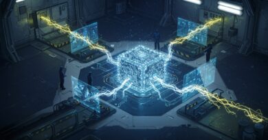 Um núcleo de IA futurista, representado como uma rede complexa de vias neurais brilhantes, gerando e editando imagens holográficas em tempo real em um ambiente de laboratório elegante e de alta tecnologia