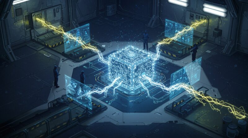 Um núcleo de IA futurista, representado como uma rede complexa de vias neurais brilhantes, gerando e editando imagens holográficas em tempo real em um ambiente de laboratório elegante e de alta tecnologia