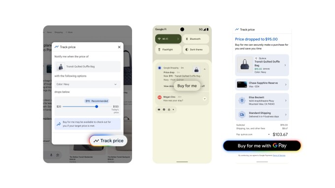 Google lança compras com IA no Google I/O: painel visual, preços e provador virtual 6 Tela do checkout automatizado do Google mostrando integração do rastreamento de preços e finalização com Google Pay