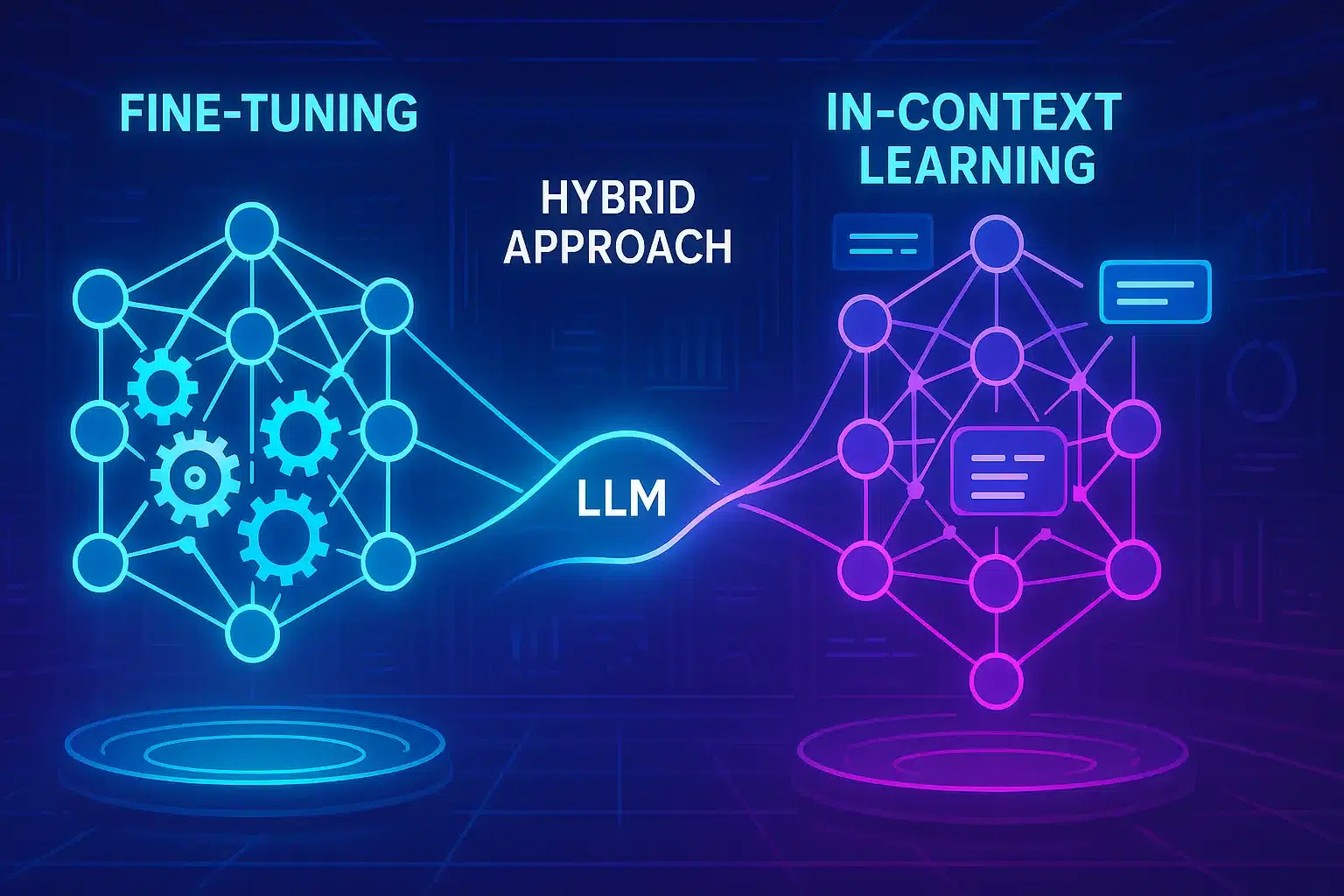 Ilustração de abordagem híbrida para LLM com foco em customização, combinando fine-tuning (ajuste de parâmetros) e in-context learning (aprendizado por exemplo) para personalização eficiente