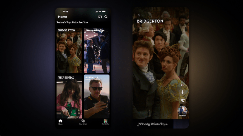 Interface do novo feed vertical de vídeos curtos da Netflix em um smartphone, mostrando clipes de séries e filmes.