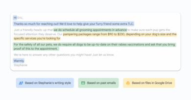 Interface do Gmail mostrando respostas inteligentes alimentadas por IA, recursos apresentados no Google I/O 2025, Google, produtividade.