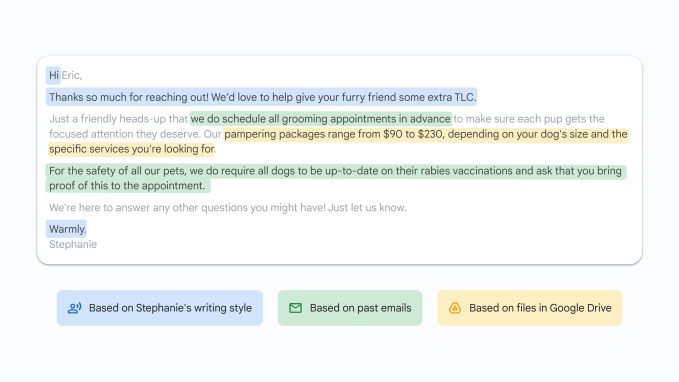 Interface do Gmail mostrando respostas inteligentes alimentadas por IA, recursos apresentados no Google I/O 2025, Google, produtividade.