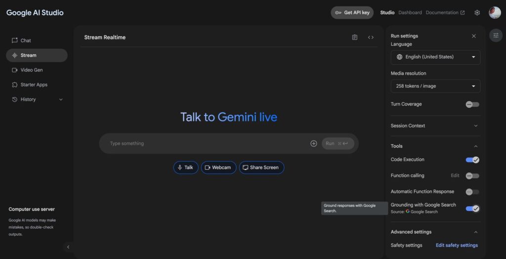 tela do google ai studio mostrando o novo recurso de stream realtime