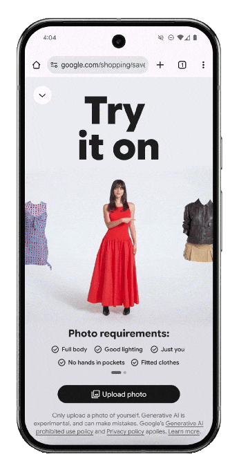 Google lança compras com IA no Google I/O: painel visual, preços e provador virtual 7 Recurso de provador virtual do Google usando IA para simular roupas na própria foto do usuário