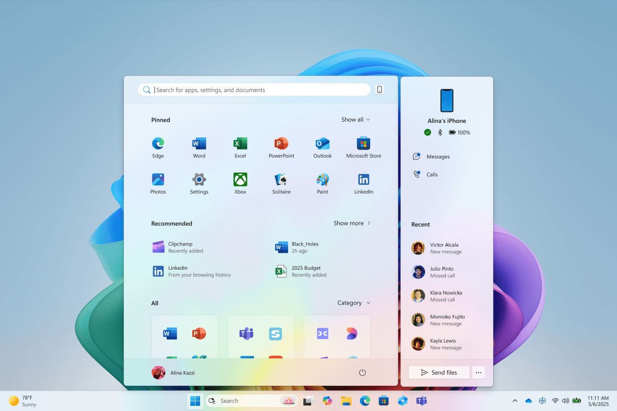 Visão do novo Menu Iniciar do Windows 11 2025 com integração Phone Link e IA.