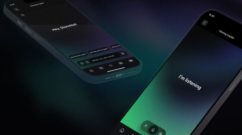 Dois dispositivos móveis lado a lado. O dispositivo à esquerda mostra o Copilot for Gaming cumprimentando um usuário chamado StormYeti. O dispositivo à direita mostra o Copilot for Gaming ouvindo o comando de voz do usuário.