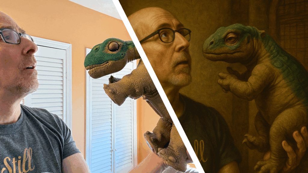 ChatGPT transforma fotos em pinturas renascentistas: veja como fazer 2 Exemplo de foto transformada pelo ChatGPT em pintura renascentista, mostrando um homem moderno em um cenário clássico, com detalhes realistas e expressivos.