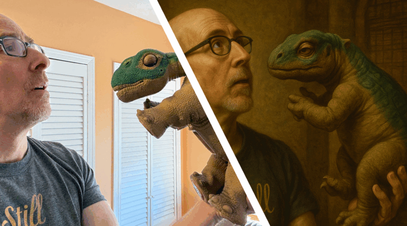 Exemplo de foto transformada pelo ChatGPT em pintura renascentista, mostrando um homem moderno em um cenário clássico, com detalhes realistas e expressivos.