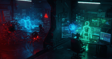 A IA Agentic transforma a análise de SOC na luta contra o malware DanaBot, retratado como um campo de batalha cibernético futurista onde agentes de IA analisam e desmantelam códigos maliciosos em um centro de operações de segurança de alta tecnologia