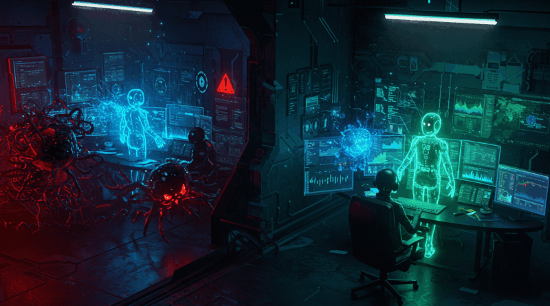 A IA Agentic transforma a análise de SOC na luta contra o malware DanaBot, retratado como um campo de batalha cibernético futurista onde agentes de IA analisam e desmantelam códigos maliciosos em um centro de operações de segurança de alta tecnologia