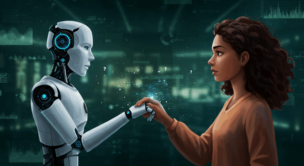 Imagem ilustrativa de colaboração entre humanos e AI com foco em agentic AI e supervisão