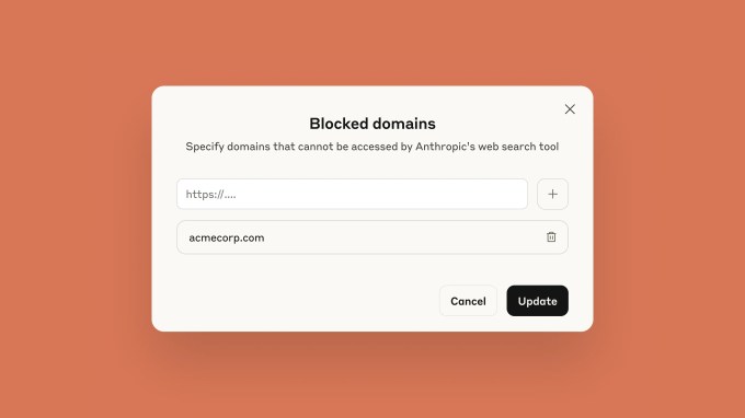 API de Pesquisa Web Anthropic 2025: Claude Agora Acessa Informações da Internet em Tempo Real 3 Interface da API de pesquisa web da Anthropic mostrando opções de configuração de domínios permitidos e bloqueados para busca pelo Claude.