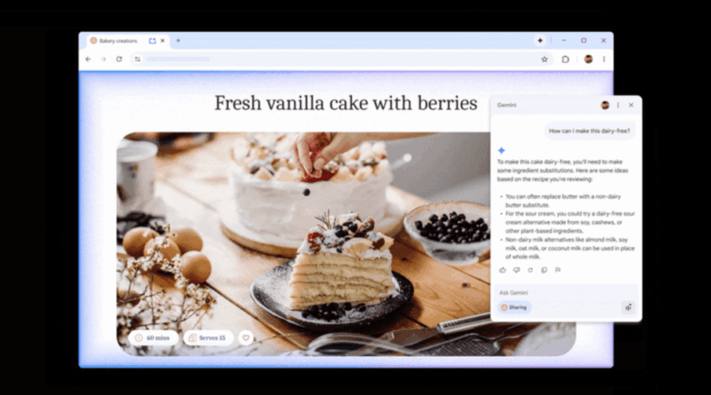 Interface da integração Gemini ao Chrome mostrando assistente AI, painel lateral ativo e exemplos de uso prático na navegação, contexto Google I/O 2025, IA integrada, produtividade.