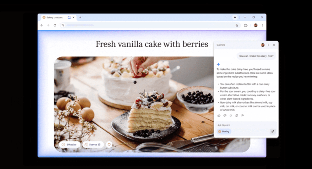 Gemini chega ao Chrome: Google revoluciona navegação com IA 3 Interface da integração Gemini ao Chrome mostrando assistente AI, painel lateral ativo e exemplos de uso prático na navegação, contexto Google I/O 2025, IA integrada, produtividade.