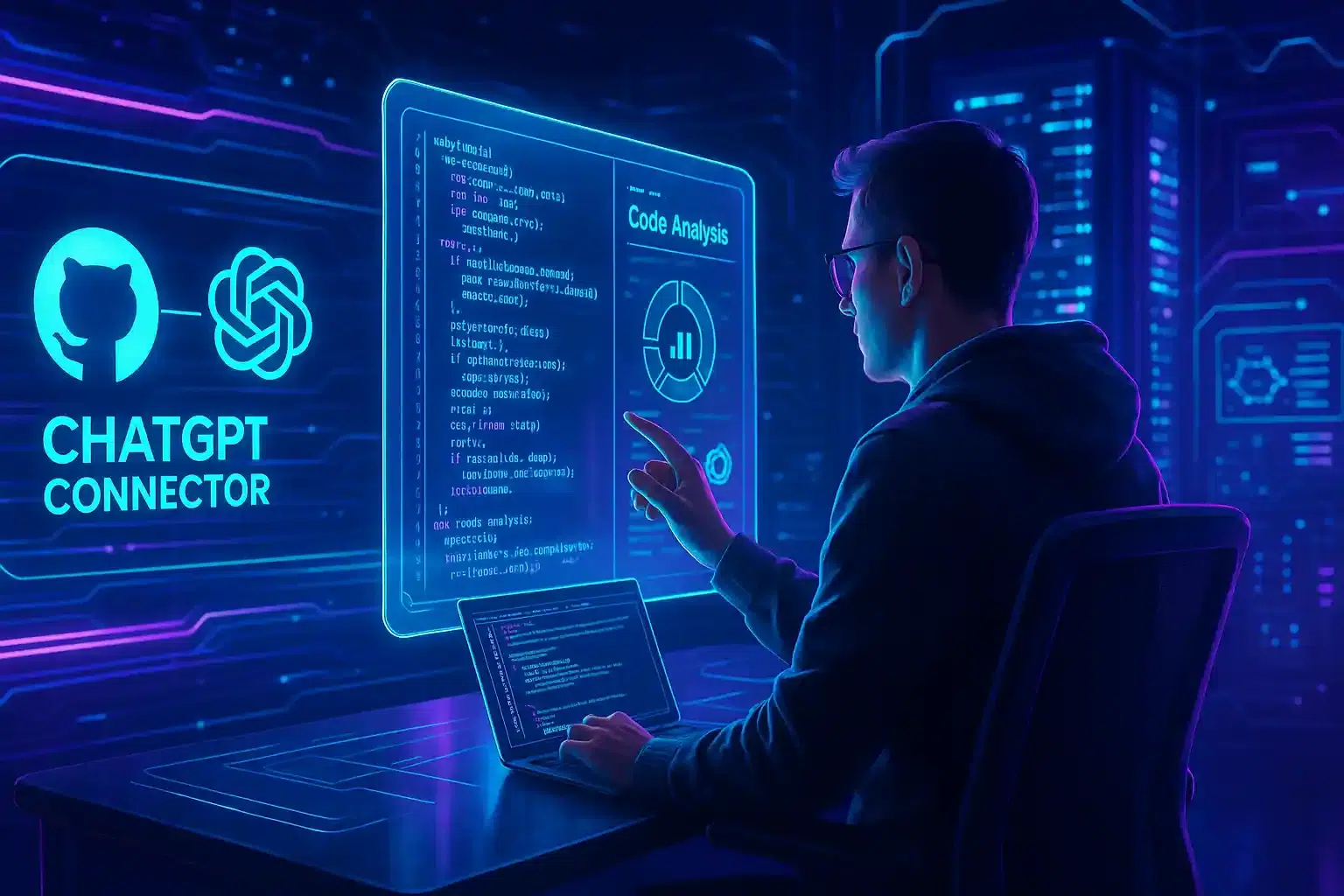 Representação visual da integração entre ChatGPT e GitHub para análise de código por IA