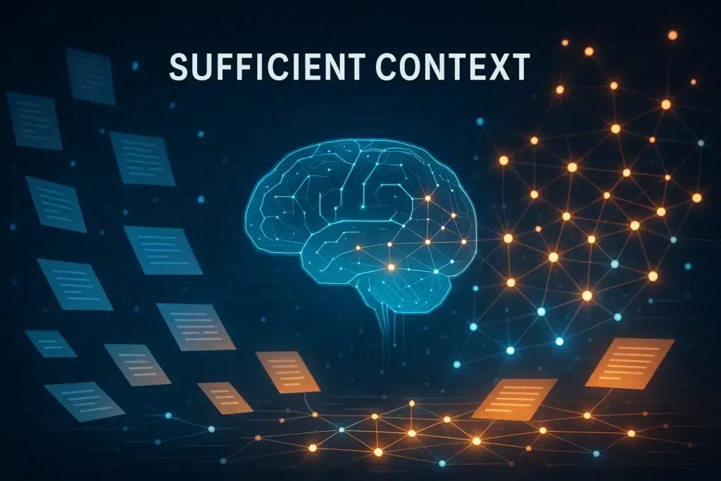 Falhas nos Sistemas RAG: Contexto Suficiente da Google 1 Ilustração de sistemas RAG com contexto suficiente explicando a integração da informação para IA empresarial