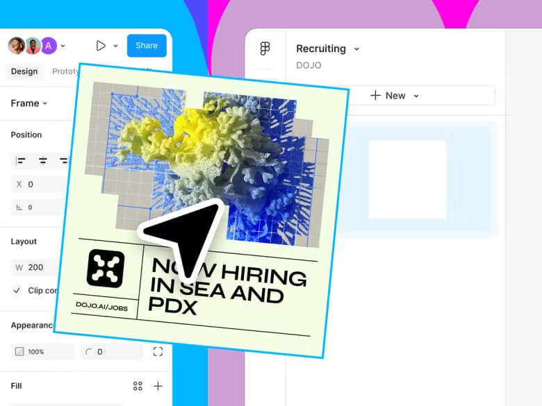 Interface do Figma Buzz mostrando a criação de múltiplos ativos de marketing a partir de templates e IA.