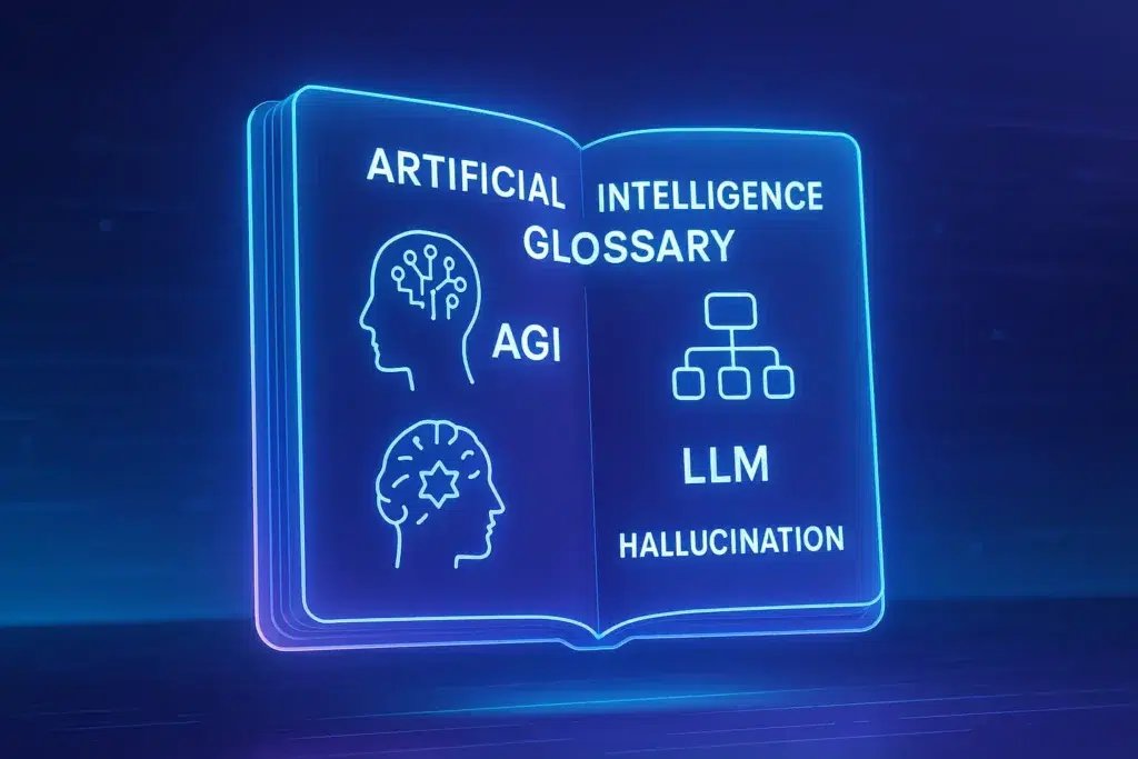 Ilustração sobre inteligência artificial com diversos termos técnicos explicados