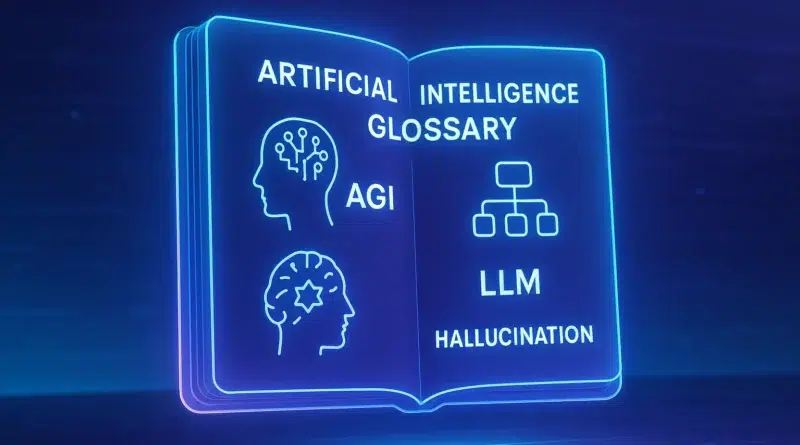 Ilustração sobre inteligência artificial com diversos termos técnicos explicados