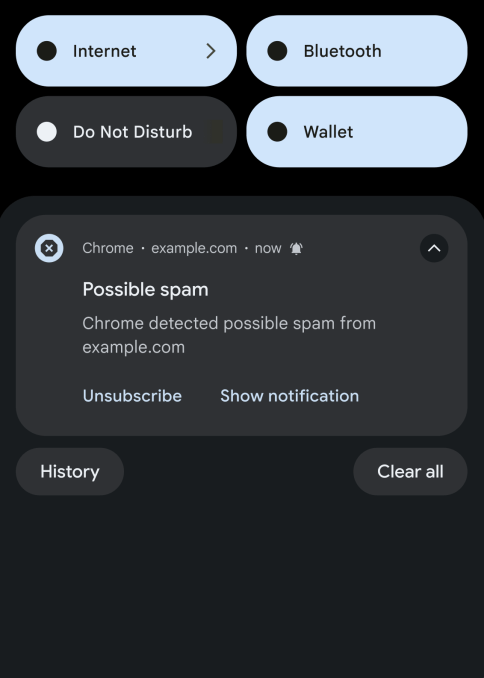 Ferramentas de IA no Chrome 2025: Proteção Revolucionária Contra Golpes Online 3 Exemplo de alerta de notificação spam no Google Chrome para Android, mostrando a interface de aviso de IA.