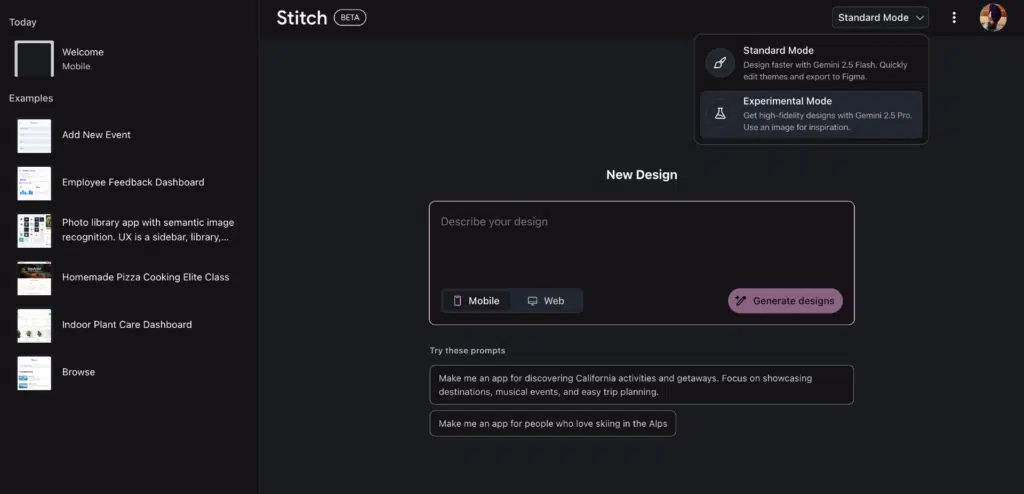 Stitch interface IA modelos Gemini permite escolha entre Pro e Flash, com suporte a exportação para Figma e personalização avançada.