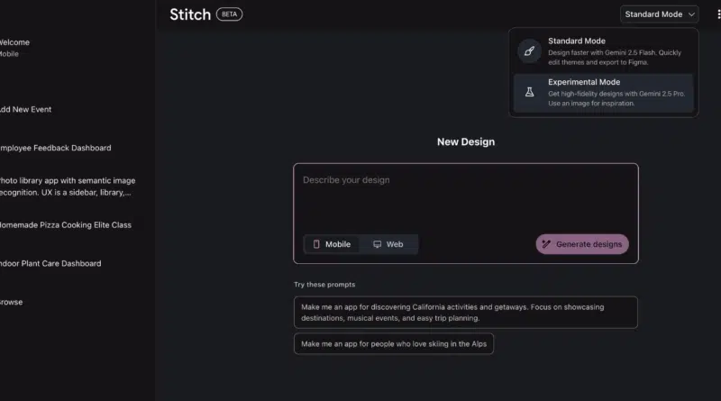 Stitch interface IA modelos Gemini permite escolha entre Pro e Flash, com suporte a exportação para Figma e personalização avançada.