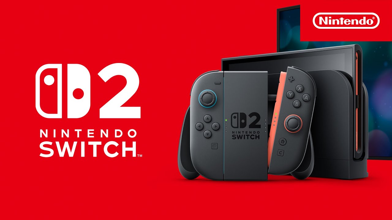 Conceito artístico do console Nintendo Switch 2 com controles Joy-Con acoplados e logo da Nintendo ao fundo.