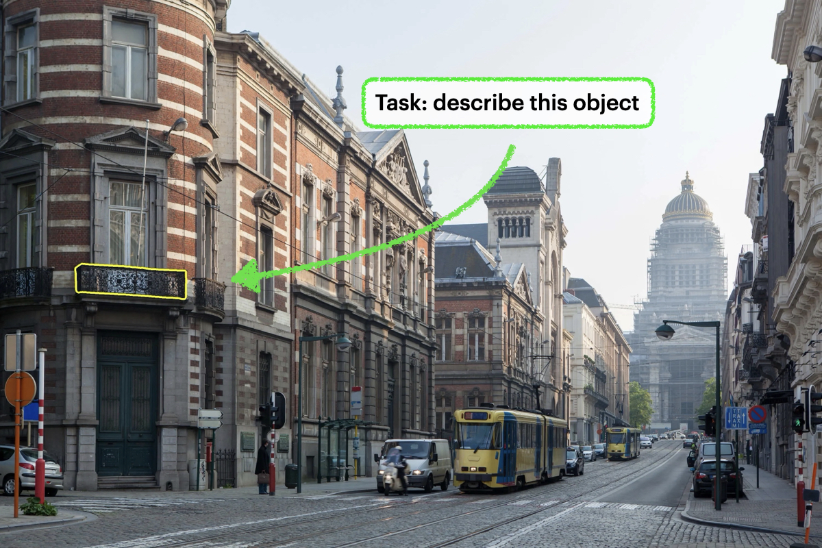 Exemplo de legenda detalhada gerada pelo Describe Anything Model para uma varanda.