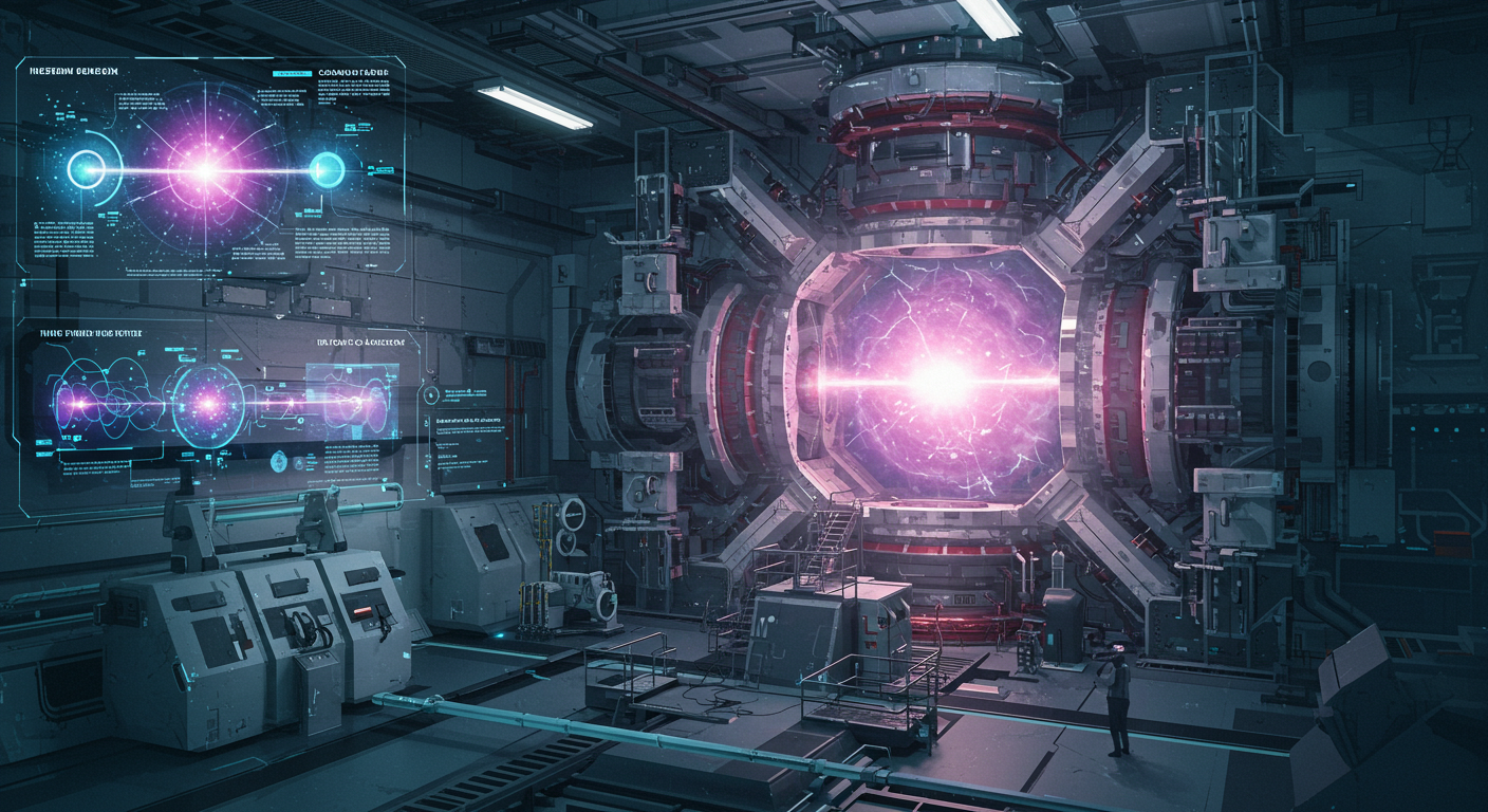 Ilustração de reatores de fusão com gráficos de AI explicativos e energia limpa