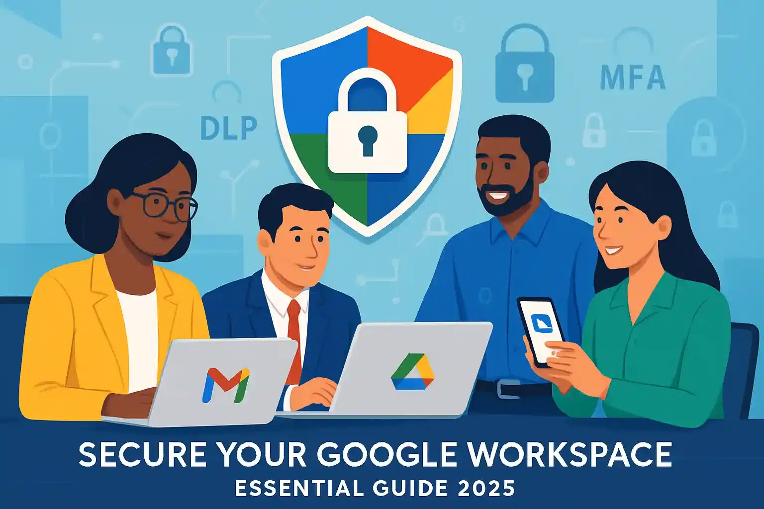 Ilustração abstrata simbolizando a segurança em camadas do Google Workspace para pequenas empresas em 2025