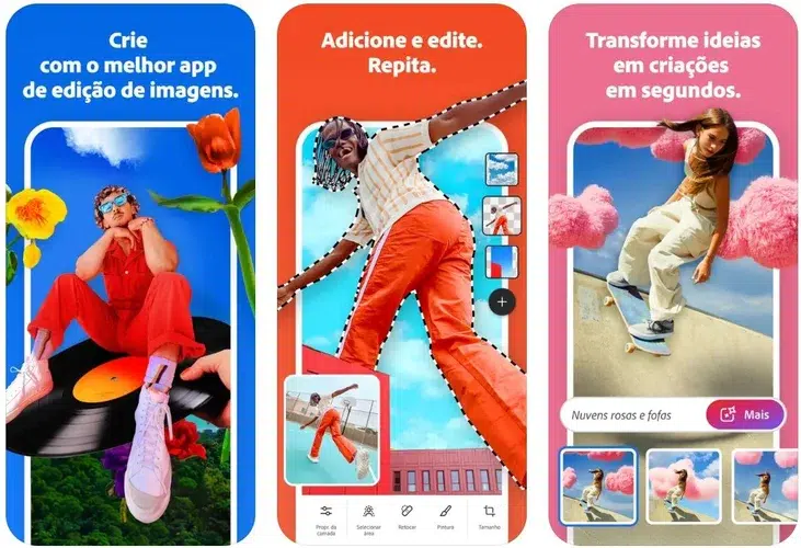 Interface do Photoshop Mobile exibida em dispositivo Android com recursos de camadas e máscaras