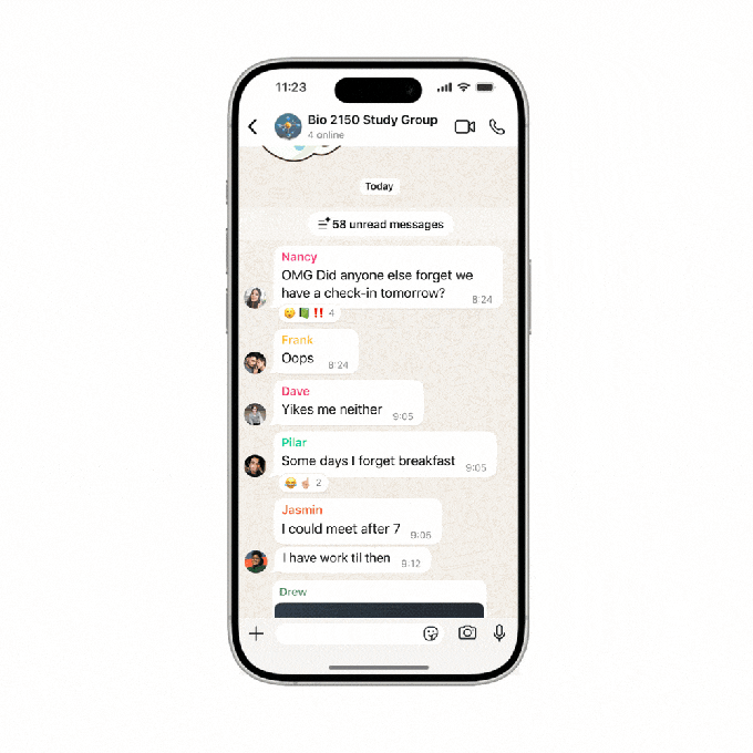 Demonstração do ícone e funcionamento de resumos automáticos com IA no WhatsApp.