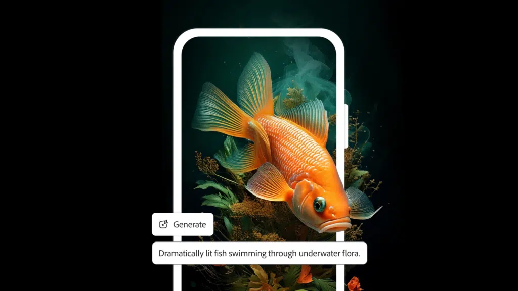 Adobe Firefly estreia em apps iOS e Android 1 Interface do Adobe Firefly exibida em um iPhone e um dispositivo Android gerando arte com IA