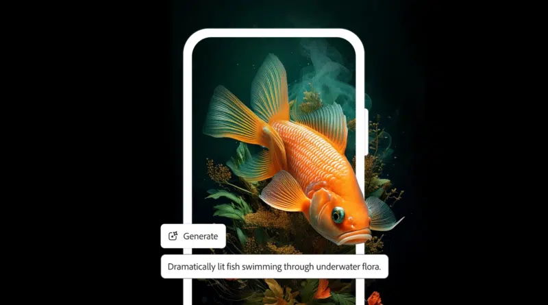 Interface do Adobe Firefly exibida em um iPhone e um dispositivo Android gerando arte com IA