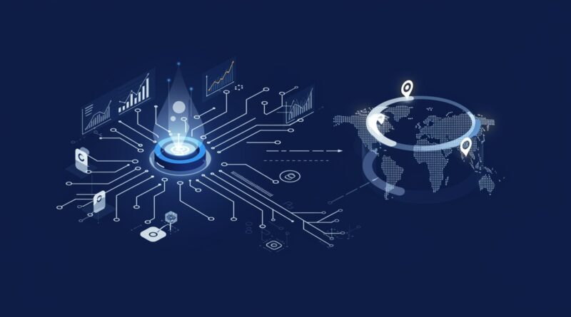 Um núcleo geométrico brilhante central emite ondas digitais dinâmicas que se ramificam em linhas interconectadas e gráficos estilizados, simbolizando a otimização avançada de SEO