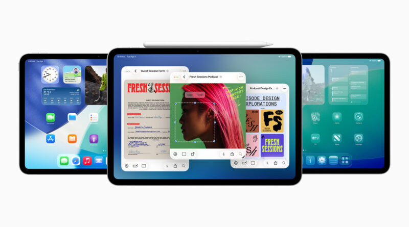 Imagem ilustrativa do iPadOS 26 com novo design Liquid Glass e interface aprimorada