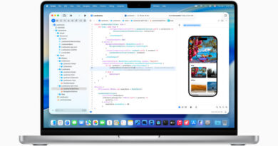 Tela do Xcode 26 exibida em um MacBook Pro de 14 polegadas, demonstrando as novas funções do software.