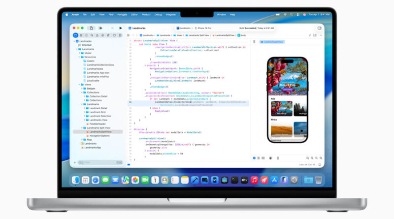 Tela do Xcode 26 exibida em um MacBook Pro de 14 polegadas, demonstrando as novas funções do software.